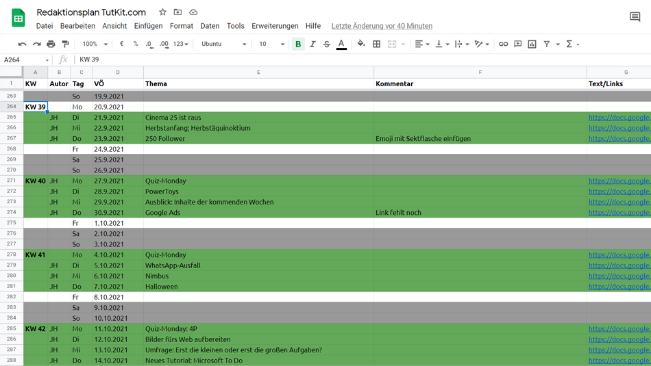 Nutze einen Redaktionsplan, um die Themen der nächsten Wochen und Monate zu definieren. Redaktionsplan für Social Media von TutKit.com