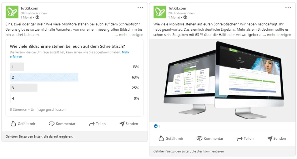 Screenshot Social Media zum Einsatz von Umfragen und Quizfragen.