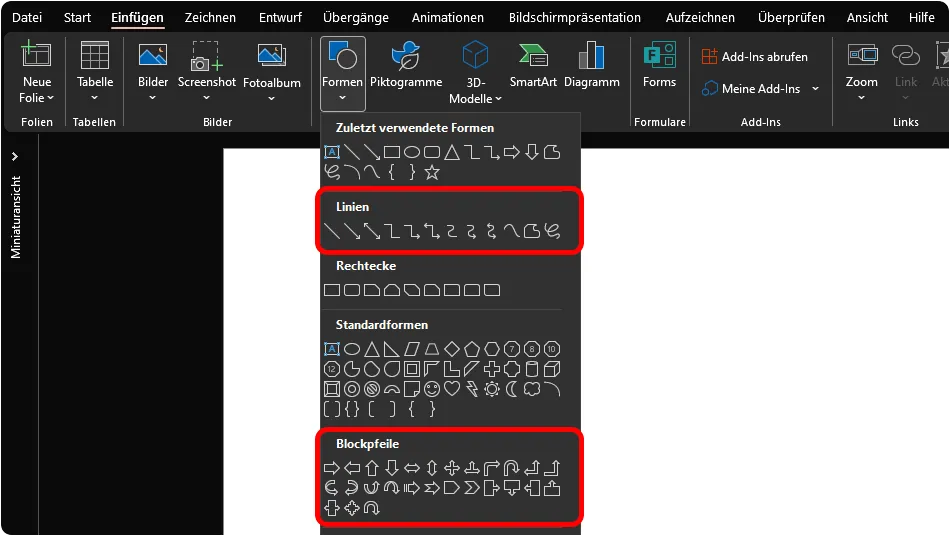 PowerPoint, Bereich Formen, Auswahl einer Form zum Erstellen der Timeline