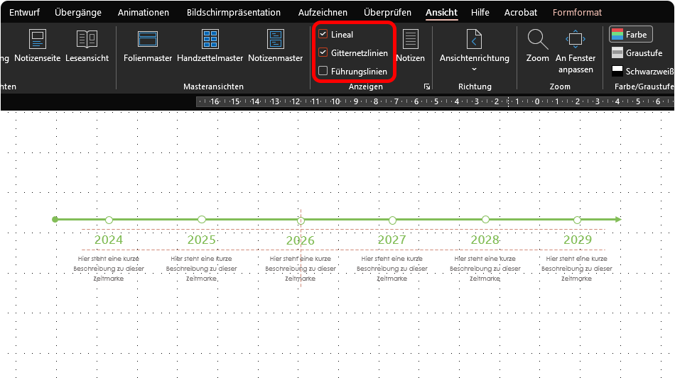 Arbeite beim Erstellen deines Zeitstrahls von Beginn an akkurat und positioniere die Formen passgenau zueinander. Lineal und Gitternetzlinien helfen bei der Aufbereitung des Zeitstrahls in PowerPoint
