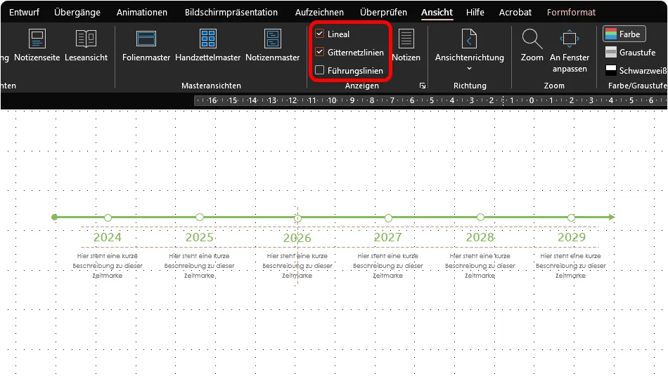 Die Lineale und Gitternetzlinien in PowerPoint helfen, um Zeitstrahlen akkurat aufzubereiten