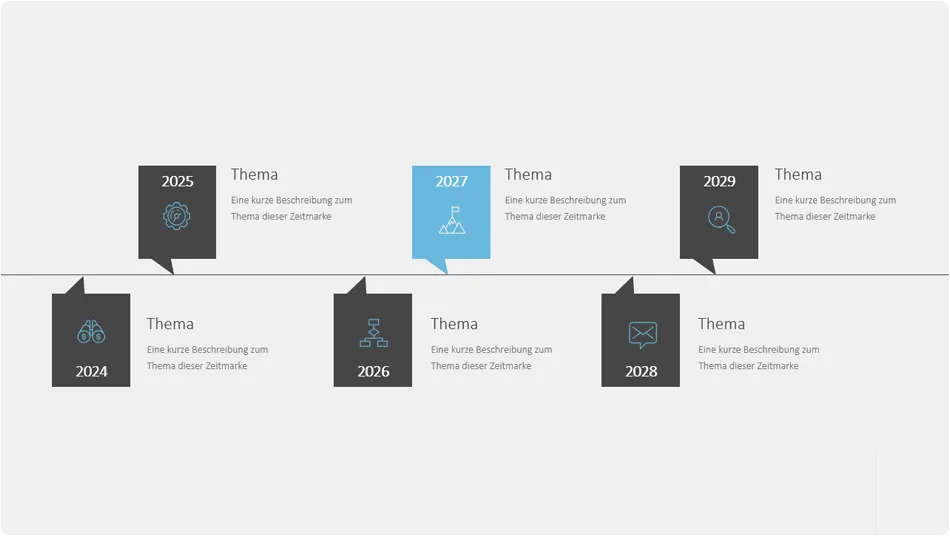 PowerPoint-Zeitstrahl mit zusätzlichen Grafikboxen für Icons