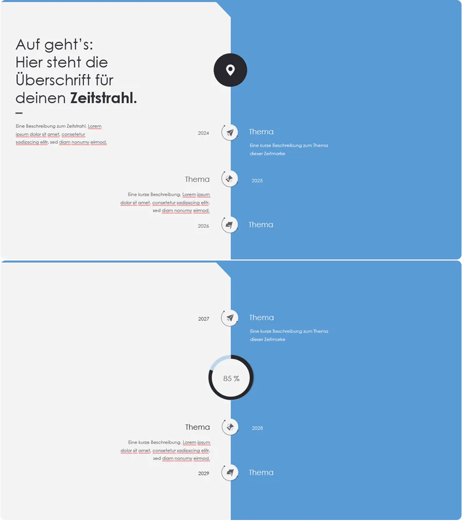 Vertikale Timeline, die sich in PowerPoint über zwei Folien zieht