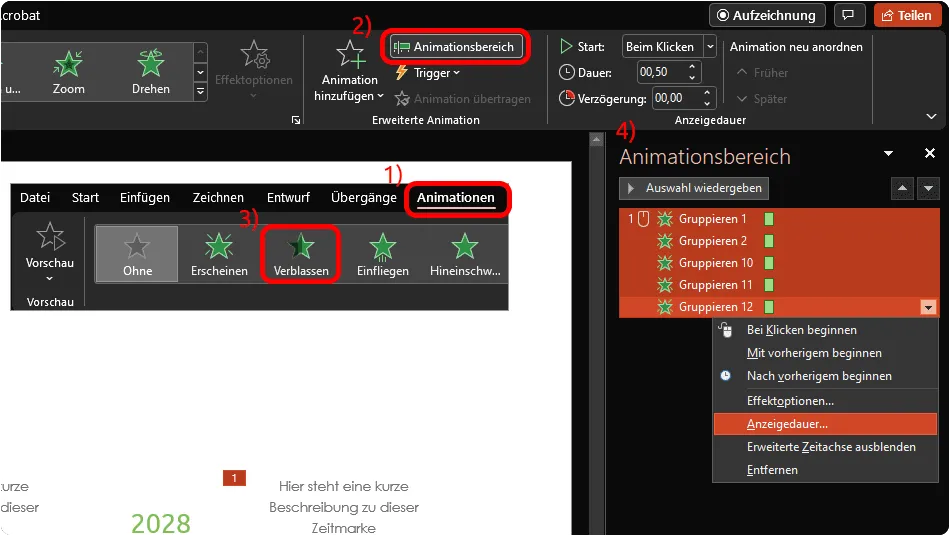 Zeitstrahl in PowerPoint animieren: Animationsbereich