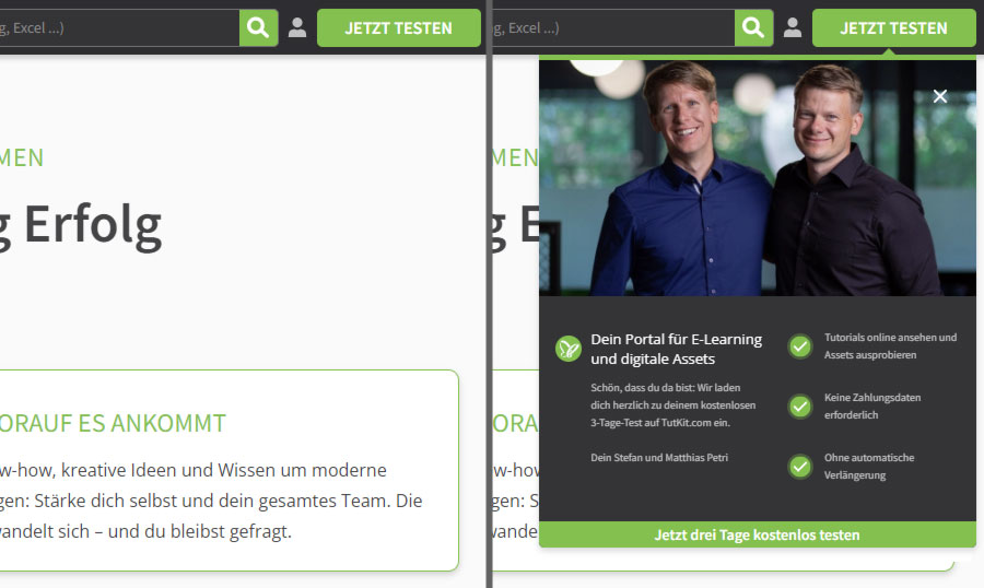 Beispiel Call-to-Action: Unser Testen-Button im Menü mit und ohne Overlay Beispiel für einen Call-to-Action: Button, der zum Testen aufruft