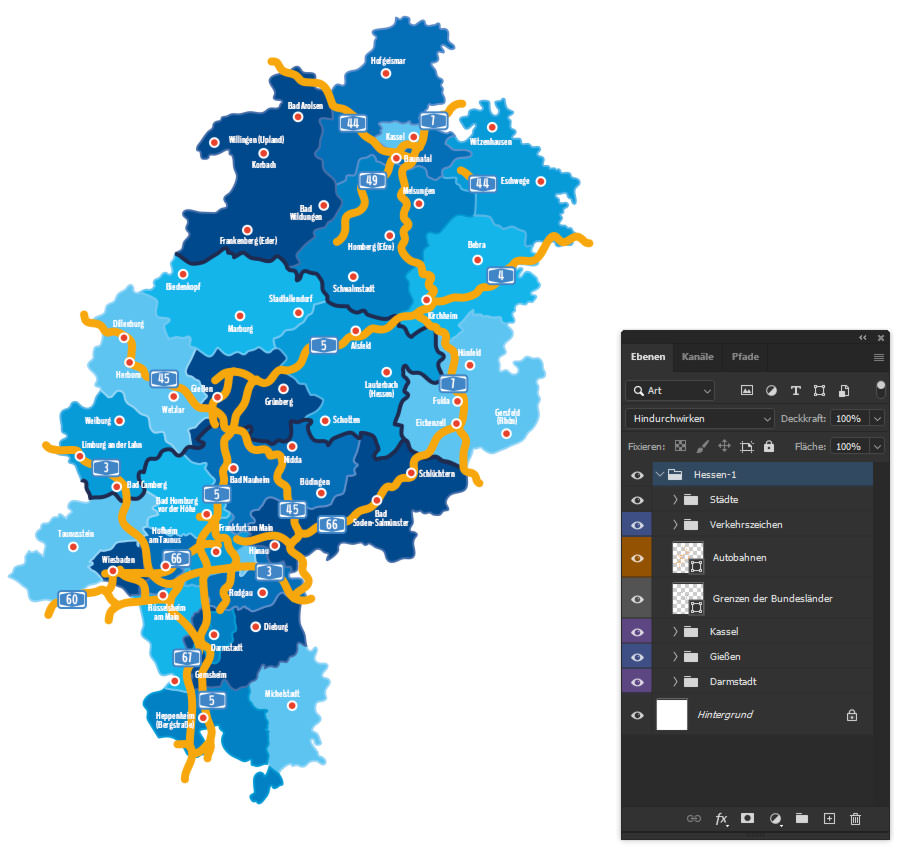 Verschaffe dir zunächst einen Überblick über die Ebenen-Struktur der Photoshop-Vorlage. Landkarte in Photoshop bearbeiten – Überblick