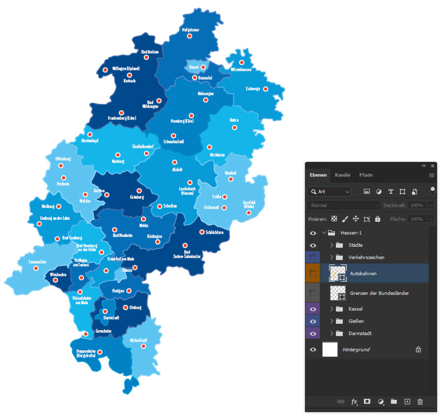 Blende in den Landkarten alles aus, was du zunächst nicht benötigst, wie zum Beispiel die Autobahnen. Landkarte in Photoshop gestalten – Elemente ausblenden