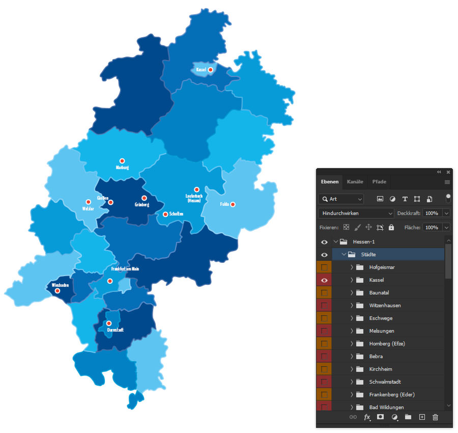 Im Ordner für die Städte kannst du das Standort-Icon und den Namen jeder einzelnen Stadt ein- und ausblenden. Landkarte in Photoshop gestalten – Städte auswählen