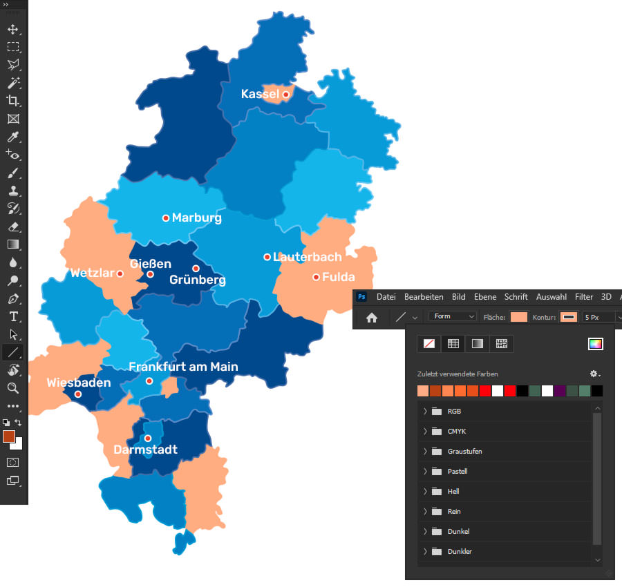 Markiere die Flächen von Landkreisen und passe deren Farben wie gewünscht an. Landkarten in Photoshop gestalten – Farbe der Landkreise ändern