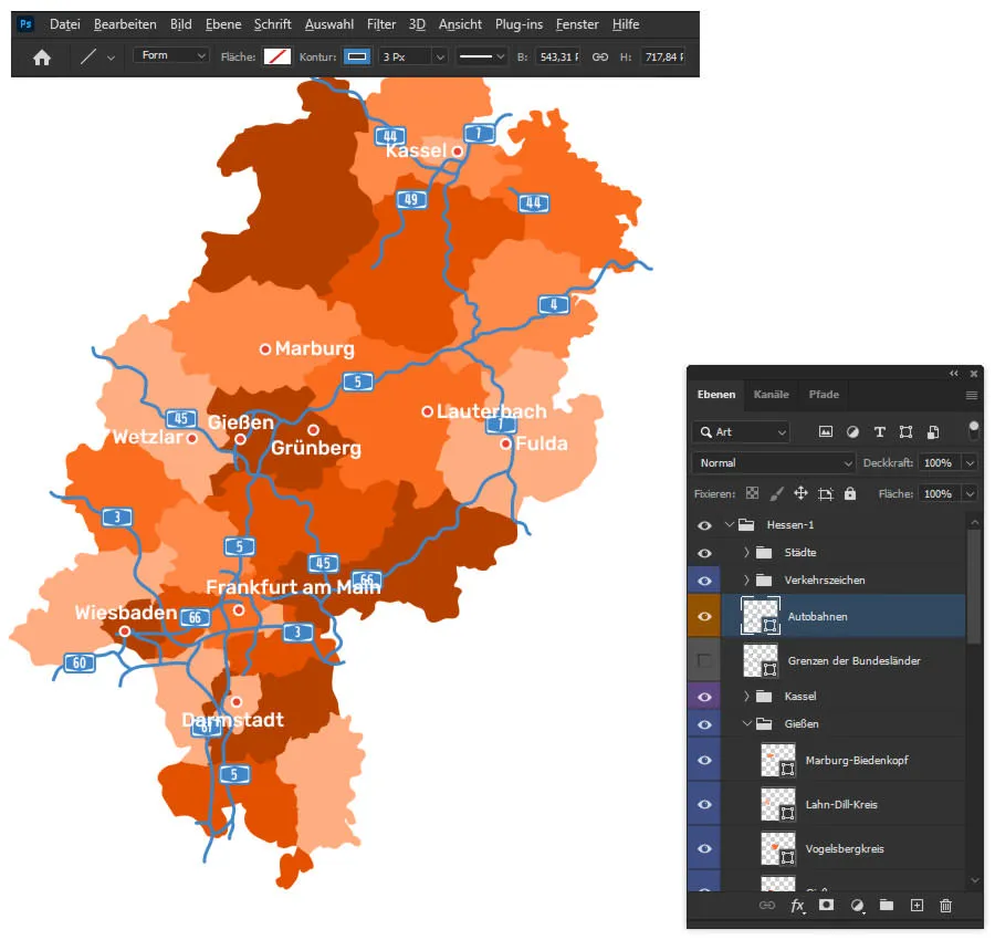 Landkarten in Photoshop gestalten – Autobahnen bearbeiten