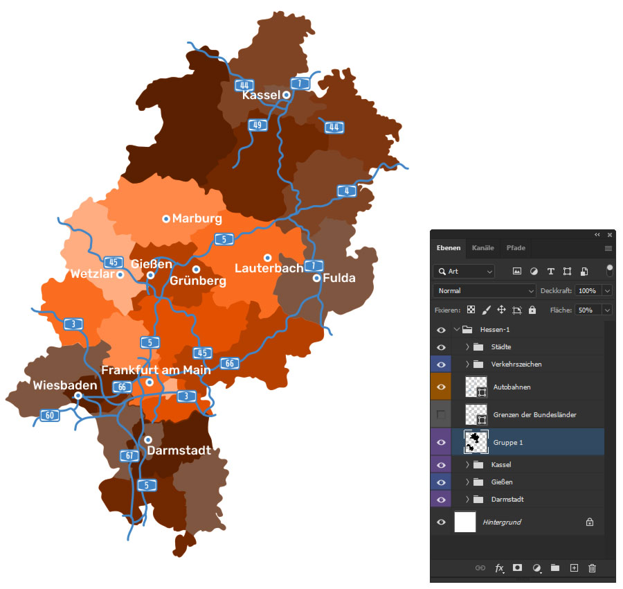 Wähle die Fläche der kopierten Landkreise aus, befülle sie mit Schwarz und reduziere die Deckkraft. Eigene Landkarten in Photoshop gestalten – Einsatzgebiete hervorheben
