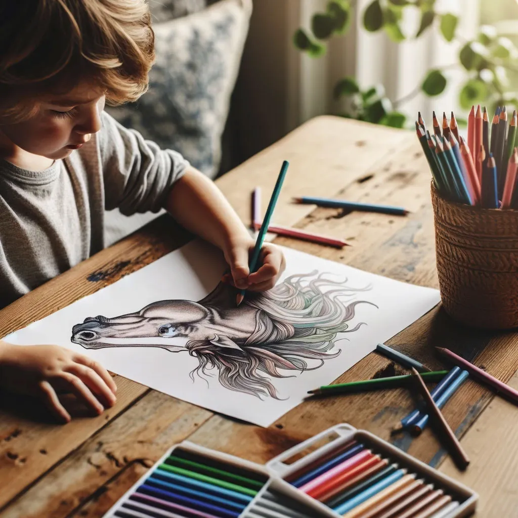Kind malt einen Pferd aus bei Ausmalbildern