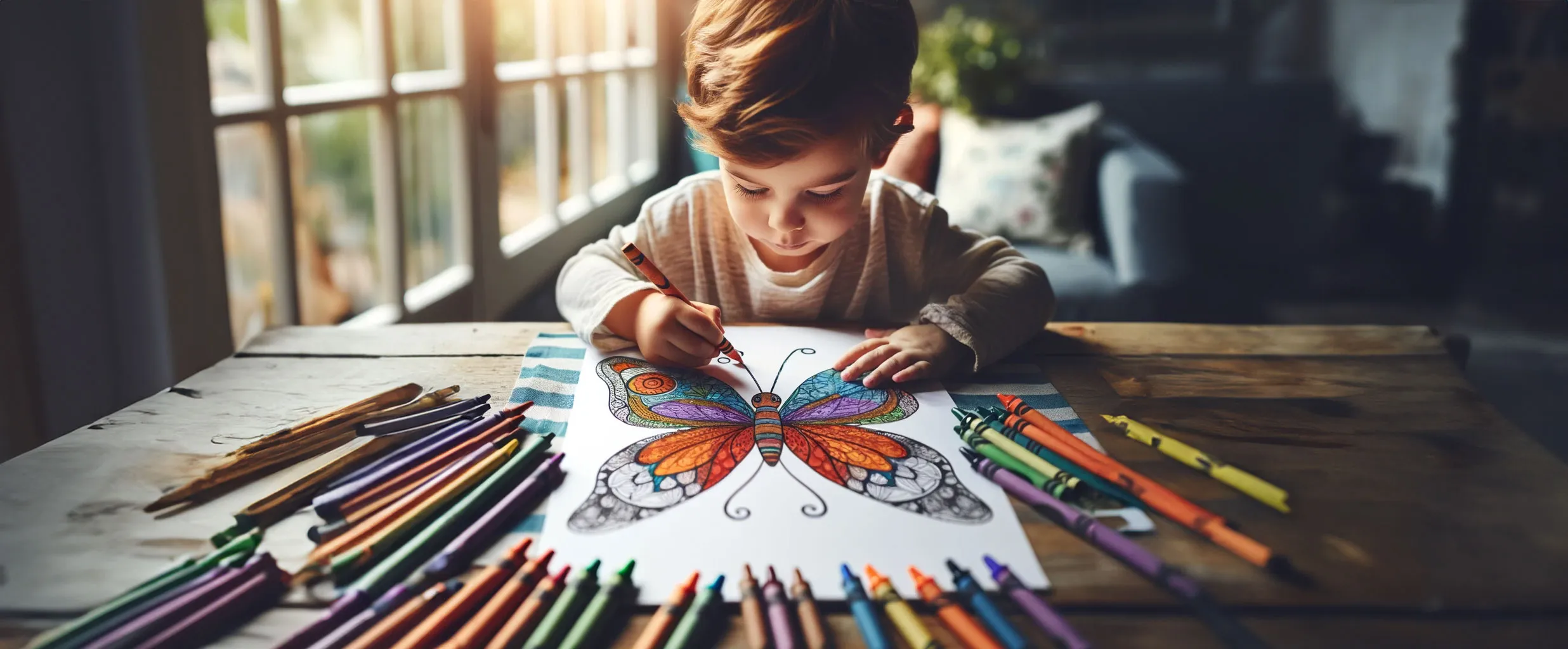 Kind malt einen Schmetterling aus bei Ausmalbildern am Tisch