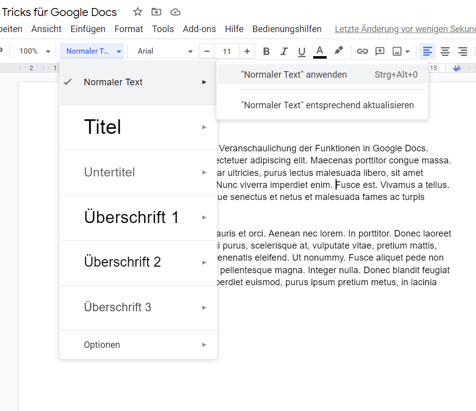 Textabschnitt in Google Docs mit einem Standardstil versehen