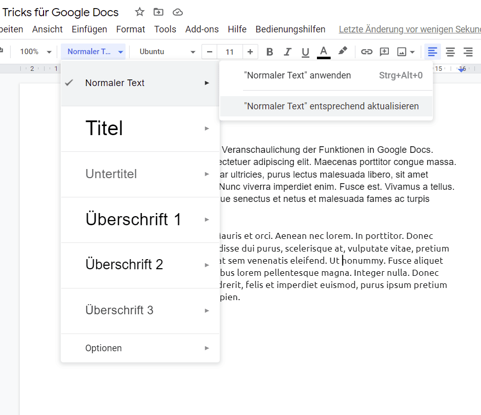 So definierst du eigene Standardstile: Formatiere einen Textabschnitt so, wie du ihn dir wünschst, und klicke im Standardstil deiner Wahl anschließend auf die Funktion „entsprechend aktualisieren“. In Google Docs Standardstile festlegen