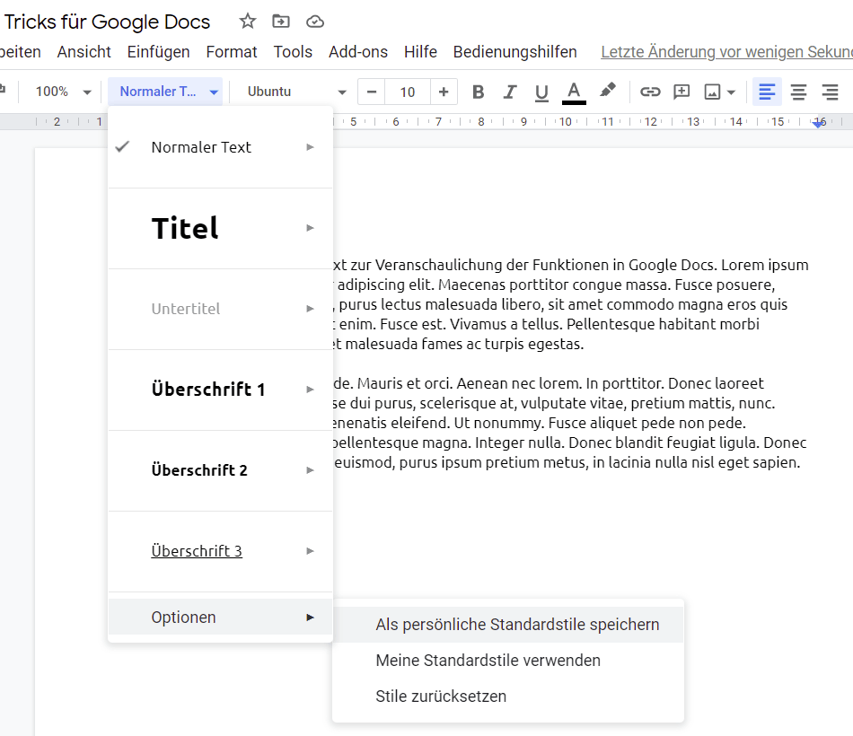 Du möchtest deine persönlichen Standardstile in mehreren Google Docs-Dokumenten verwenden? Dann definiere zunächst alle Stile und wähle dann in den Optionen der Standardstile die Funktion „Als persönliche Standardstile speichern“. Persönliche Standardstile in Google Docs definieren