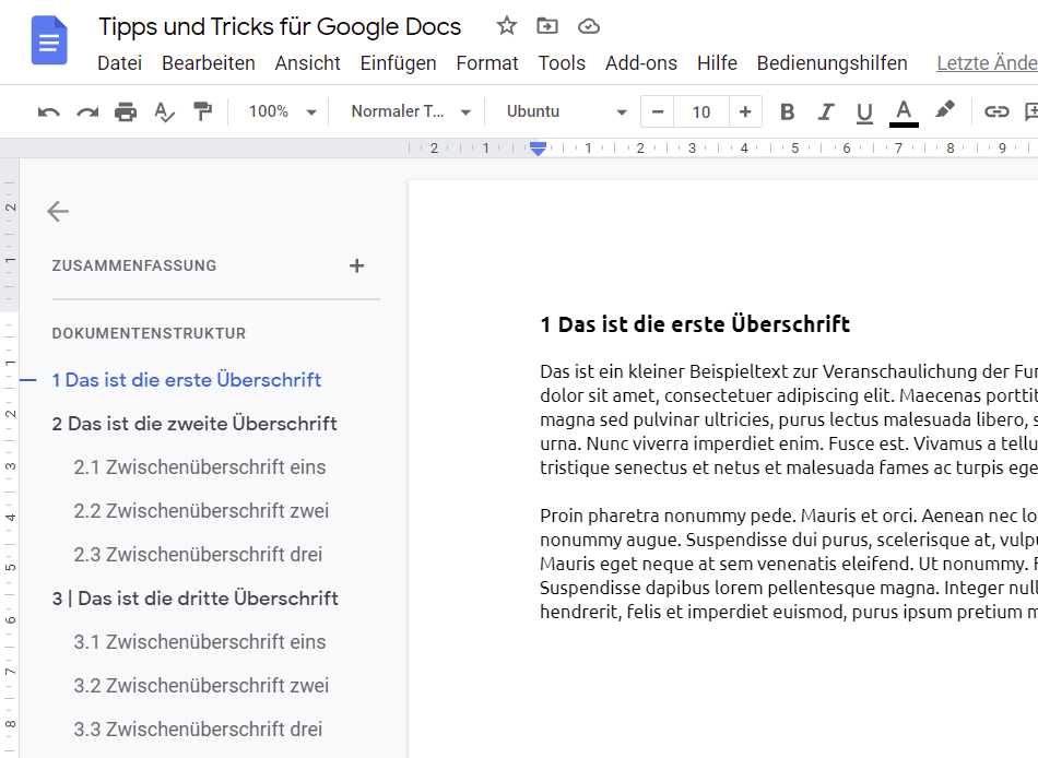 Wenn du deine Überschriften fein säuberlich mit den entsprechenden Standardstilen versiehst, erscheinen sie in Google Docs als Anklickstationen in der Dokumentstruktur. Die Dokumentstruktur in Google Docs