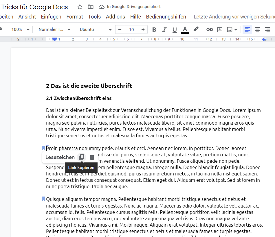 Lesezeichen in ein Google Docs-Dokument einfügen