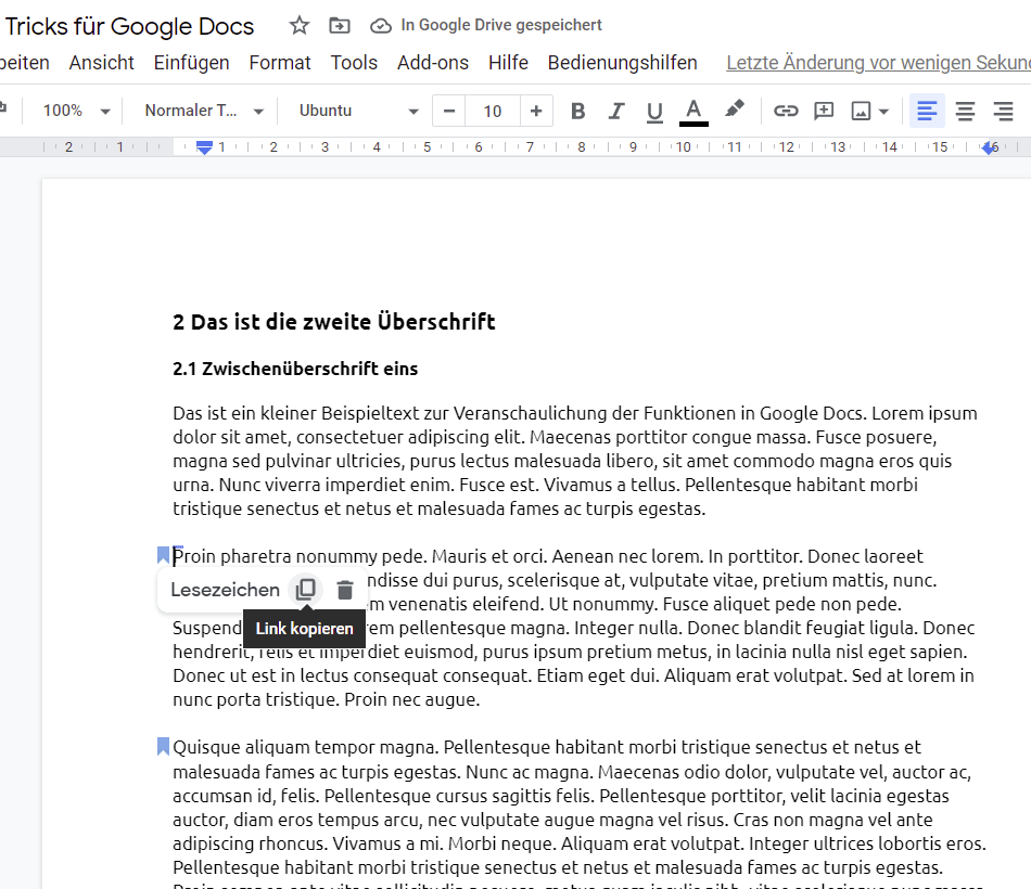 Nutze in Google Docs Lesezeichen, um Links zu ganz bestimmten Textbereichen abzurufen und mit anderen zu teilen. Lesezeichen in ein Google Docs-Dokument einfügen