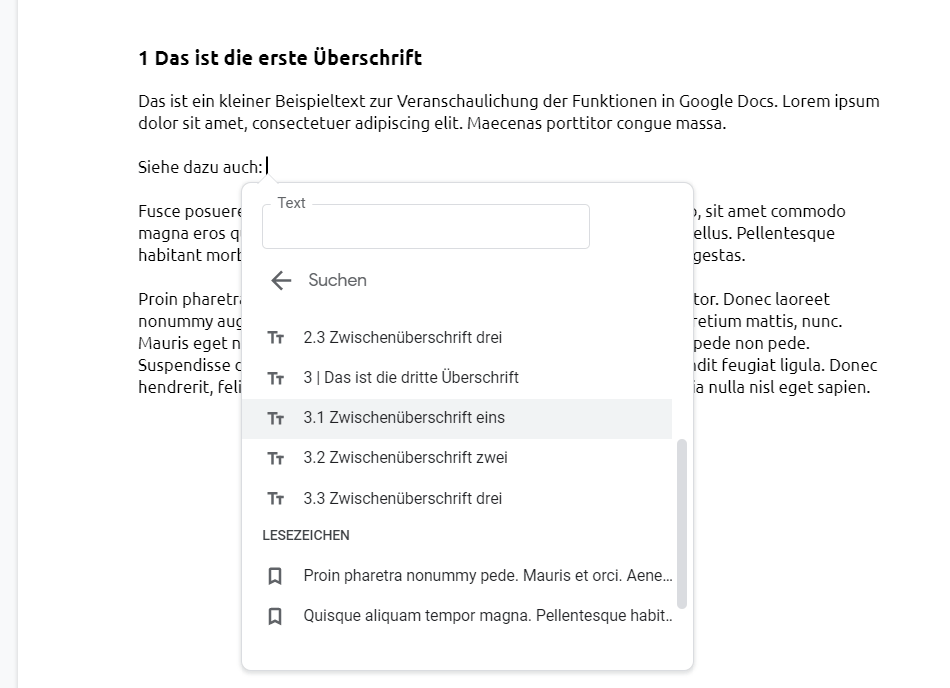 Links in Google Docs – Schritt 2: Wähle aus der Liste mit deinen Überschriften und Lesezeichen den gewünschten Link aus. Links in Google Docs setzen