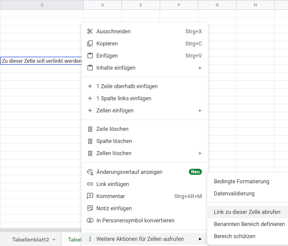 Um in Google Sheets zu einer bestimmten Zelle in einer Tabelle zu verlinken: Klicke mit der rechten Maustaste auf die Zelle und unter „Weitere Aktionen für Zelle aufrufen“ auf „Link zu dieser Zelle abrufen“. Links zu einer Zelle in Google Sheets aufrufen
