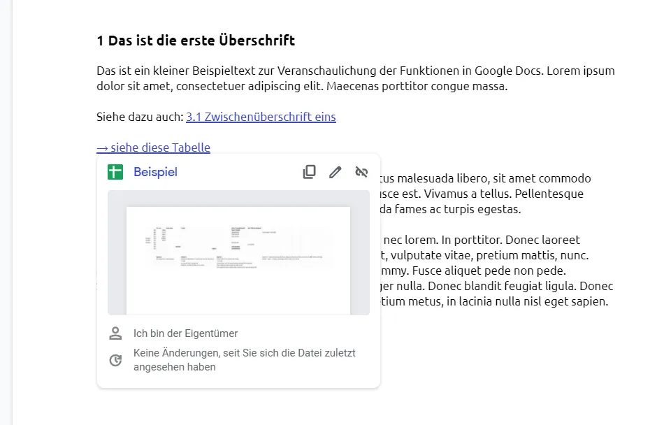 Google Docs-Dokument mit einem Link zu Google Sheets