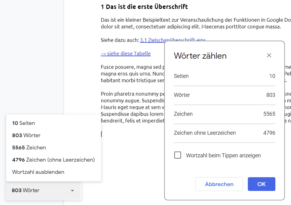 Die Funktion zum Zählen von Seiten, Wörtern und Zeichen findest du in Google Docs unter den „Tools“. Aktiviere „Wortzahl beim Tippen anzeigen“, um jederzeit den gewünschten Parameter anzeigen zu lassen. Wörter zählen in Google Docs