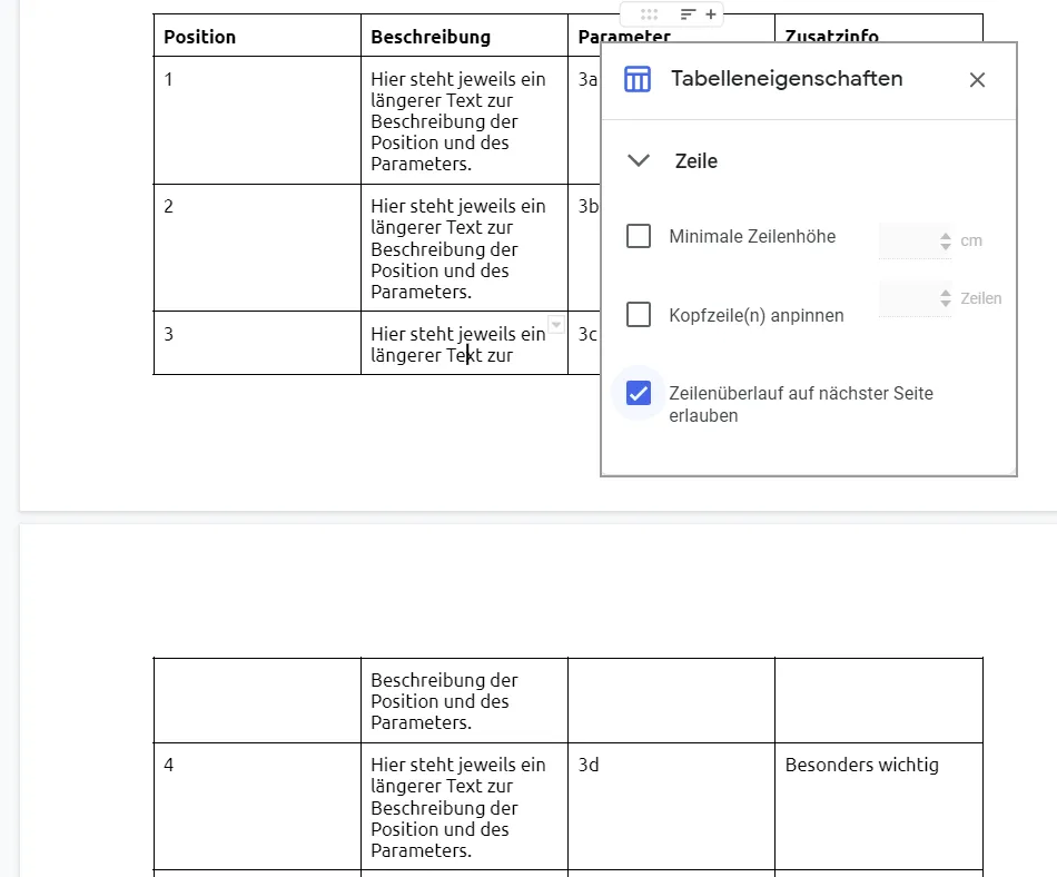 Zeilenüberlauf von Tabellen in Google Docs