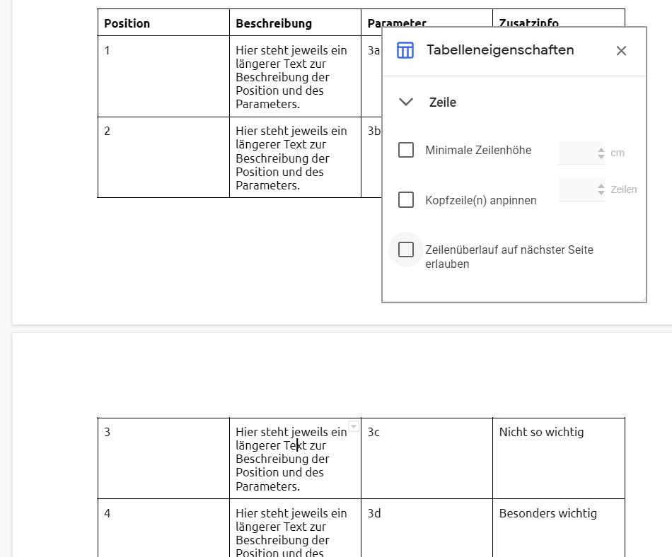 Wenn du den Zeilenüberlauf nicht erlaubst, hüpft die Zeile brav auf die nächste Seite. Tabelle ohne Zeilenüberlauf in Google Docs