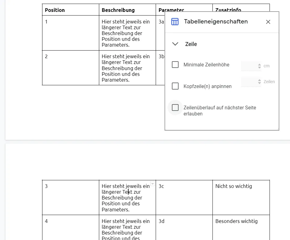 Satu baris tabel meluap di Google Docs.