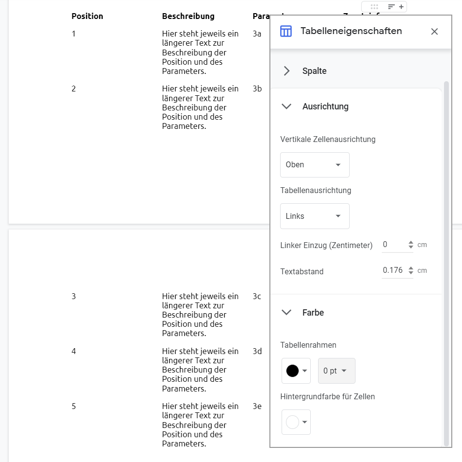 In den „Tabelleneigenschaften“ lassen sich unter anderem die „Ausrichtung“ sowie die „Farbe“ und der „Tabellenrahmen“ definieren. Die Tabelleneigenschaften in Google Docs