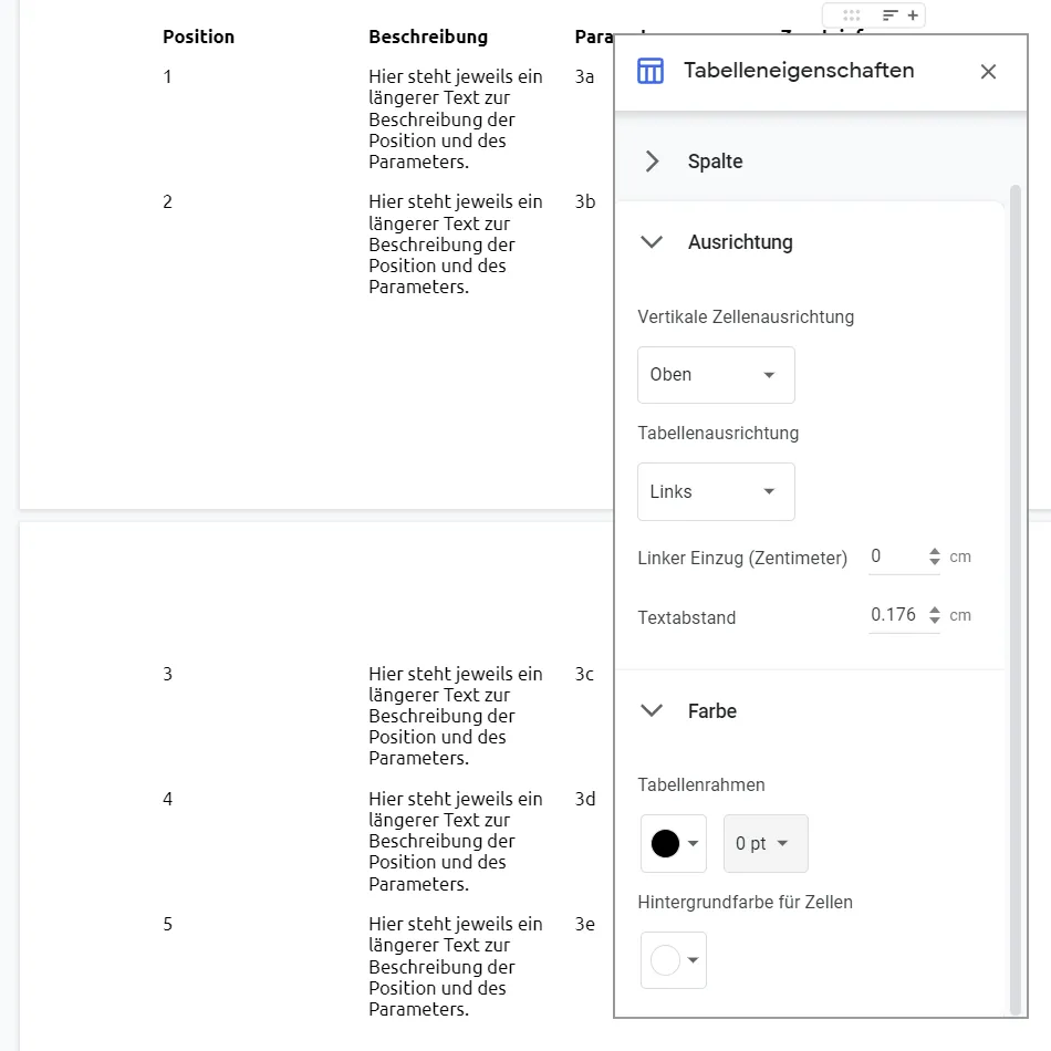 Tabelleneigenschaften von Google Docs: Ausrichtung, Farbe und Rahmen