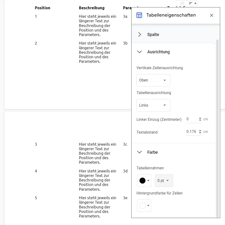 Properti tabel di Google Docs: Penyusunan, warna, dan bingkai.