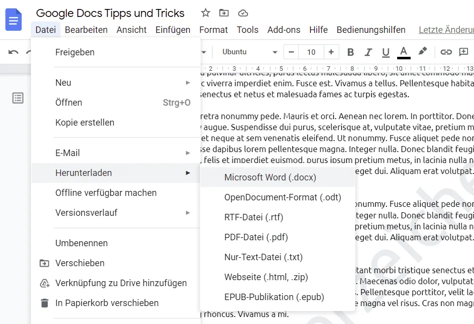 Google Docs-Dokumente als DOCX für Word speichern