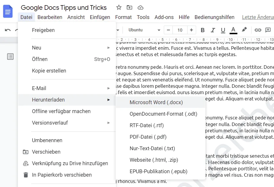 Menyimpan dokumen Google Docs sebagai DOCX untuk Word.