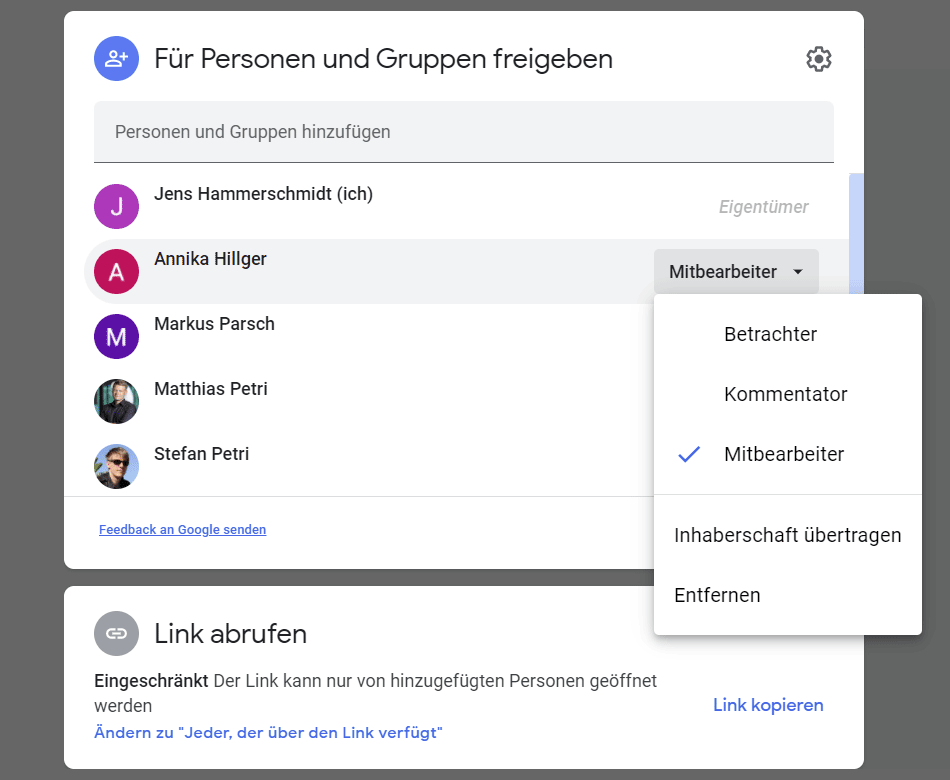 Lade Mitbearbeiter ein und weise ihnen die entsprechenden Rechte zu. Personen zu einem Google Docs-Dokument einladen