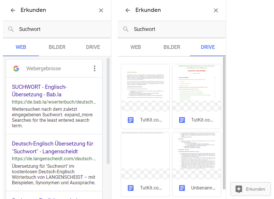 Erkunden-Funktion von Google Docs