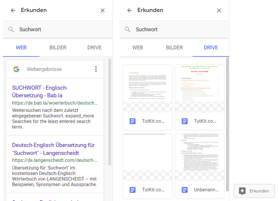 Die Erkunden-Funktion ist für die Recherche gedacht. Erkunden-Funktion von Google Docs