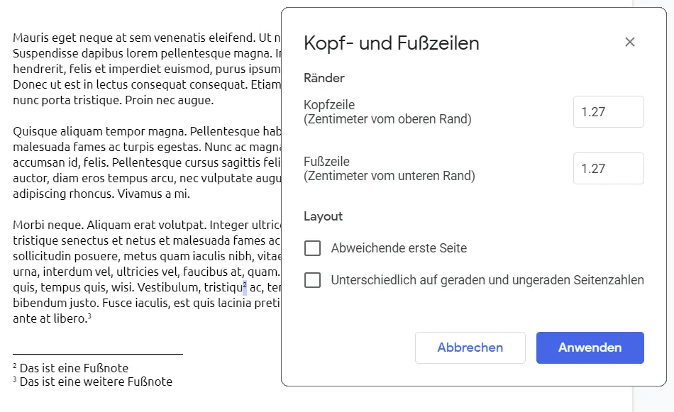 Die Kopfzeile und Fußzeile in Google Docs