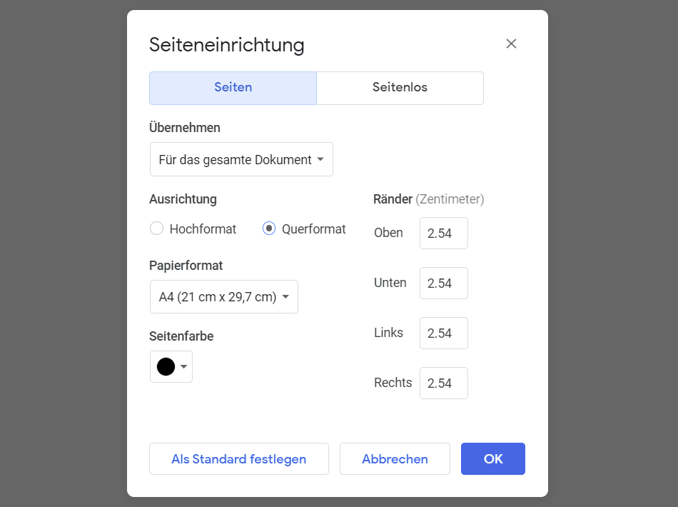 Die Seiteneinrichtung in Google Docs Die Seiteneinrichtung in Google Docs