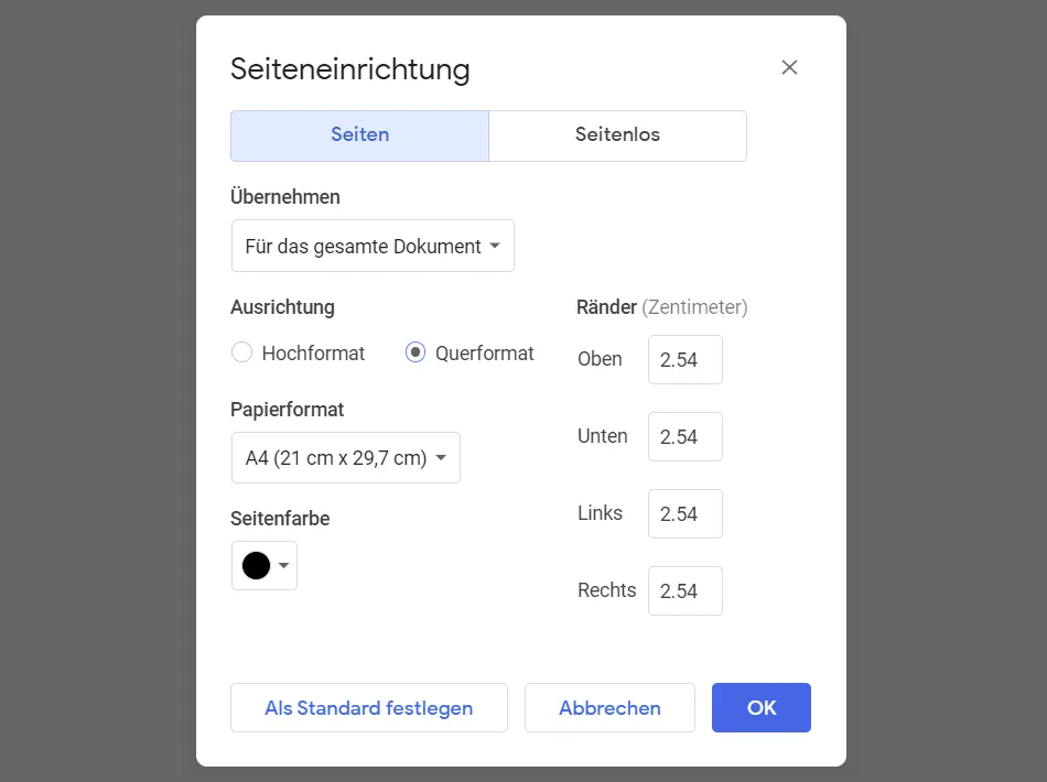 Die Seiteneinrichtung von Google Docs