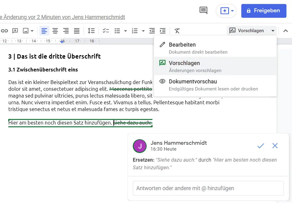 Die Vorschlagen-Funktion in Google Docs erleichtert die Zusammenarbeit an einem Dokument.