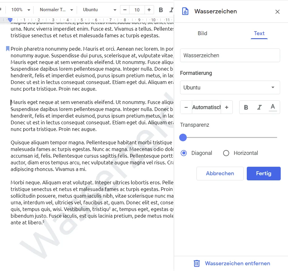 Das Wasserzeichen in Google Docs