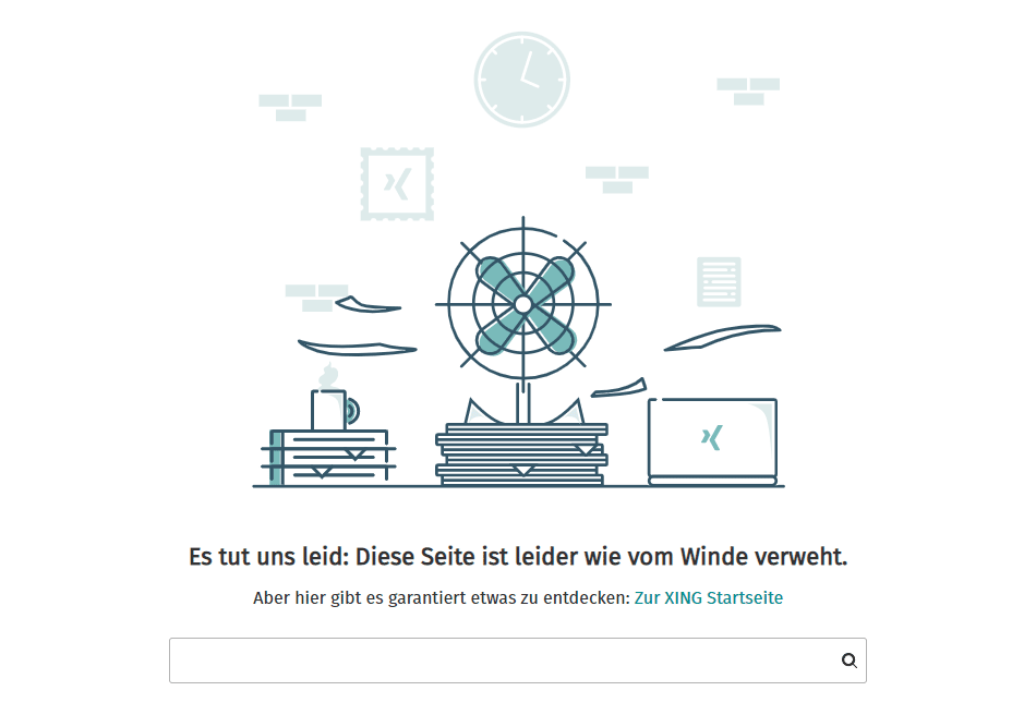 Die Social-Media-Plattform XING zeigt auf nette Art, dass ein Augenzwinkern viel besser ist als eine steife Techniker-Aussage. 404-Seite von XING