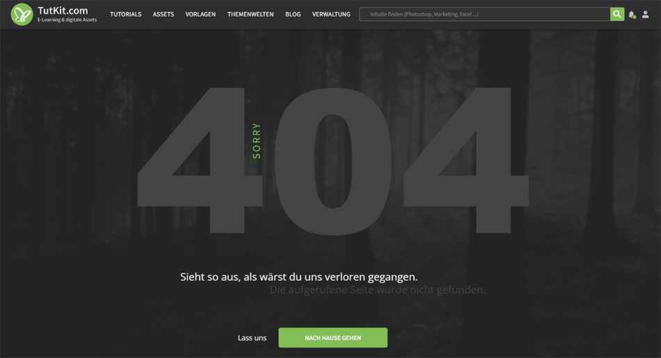 Und so schaut die 404-Seite bei uns aus – mit dem Button gibt es auch gleich die passende Handlungsoption. 404-Seite von TutKit.com