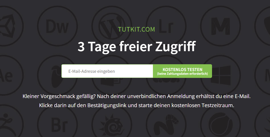 Den Button, der auf unseren Seiten zum Testen anregt, haben wir klipp und klar mit entsprechenden Vorteilen gezuckert. Anmeldung zum Test auf TutKit.com mit Microcopy-Text auf dem Button