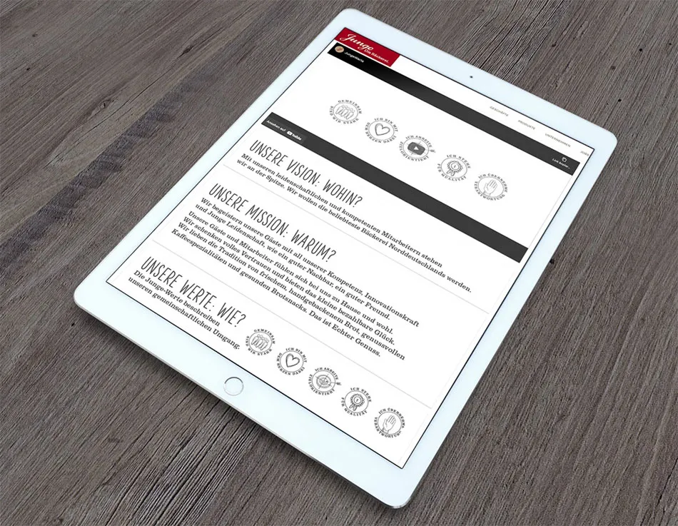 Screenshot der Bäckerei Junge als gutes Beispiel für Mission, Vision und Werte eines Unternehmens