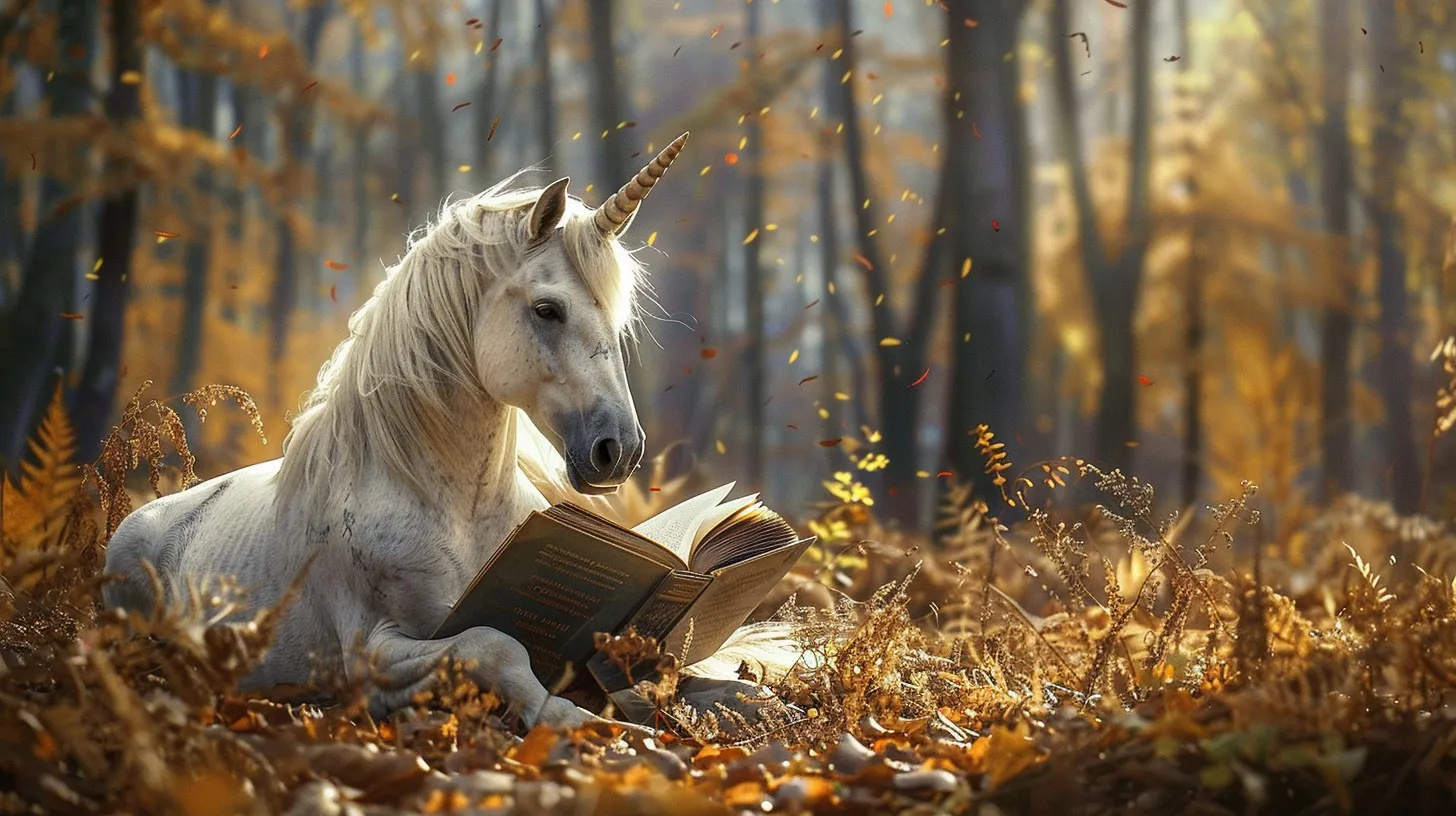 Un unicornio lee un libro de historia en el bosque.jpg