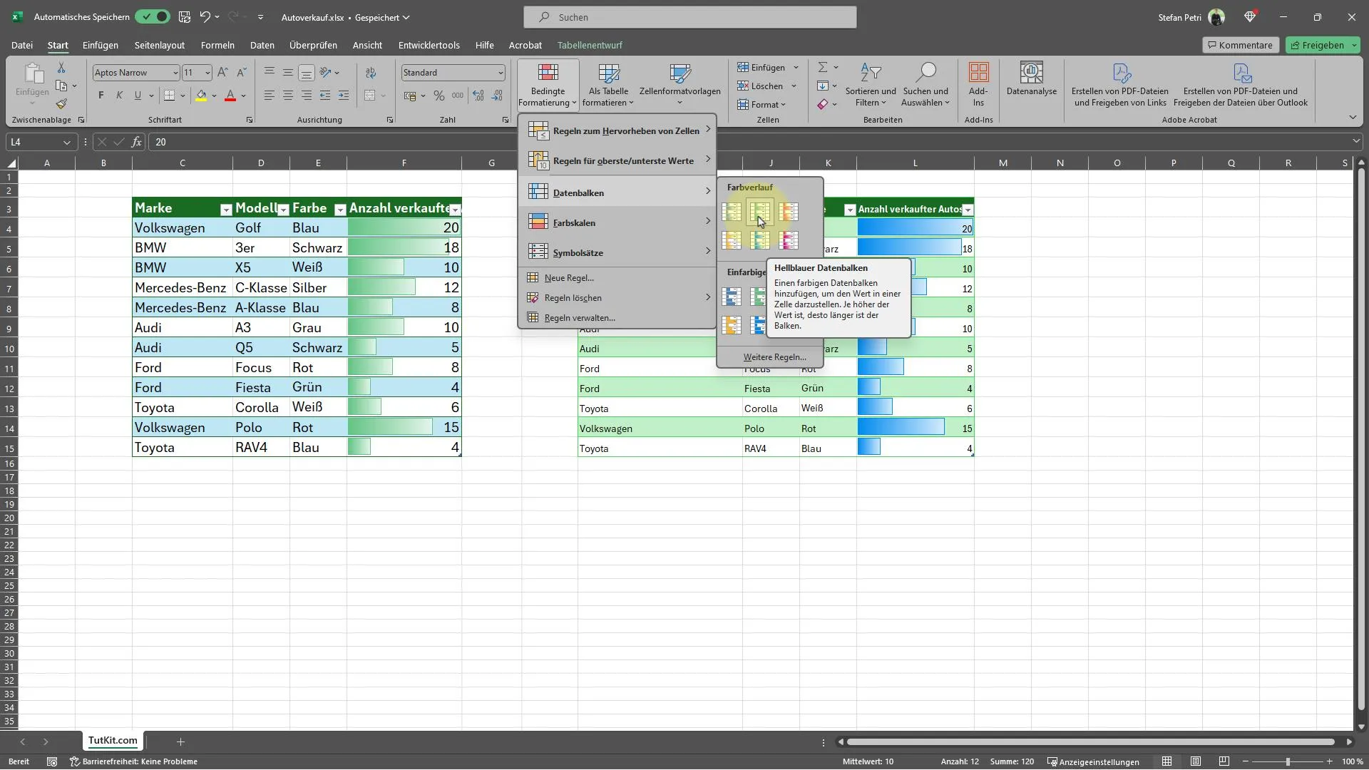 In Excel Spalten und Zeilen mit Datenbalken hervorheben
