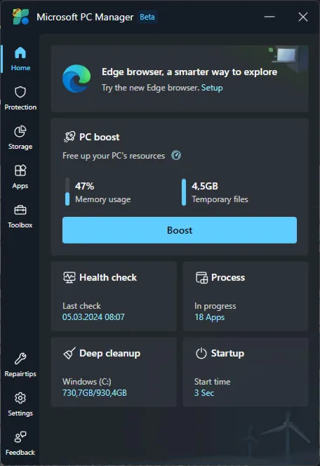Microsoft PC Manager - alternatif gratis untuk CC Cleaner.